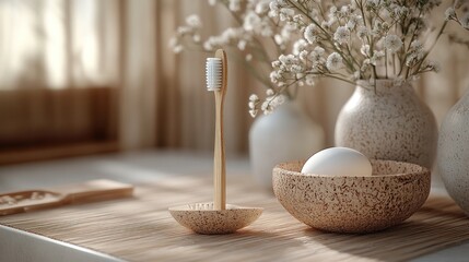 Sustainable bamboo toothbrush on wooden tray, beside bowl of egg, with flowers in background