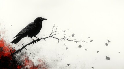 Solitary crow on branch, autumnal scene, abstract background
