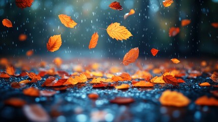 Autumn leaves falling rain park background design