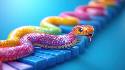Colorful snake on a blue piano keyboard; vibrant background