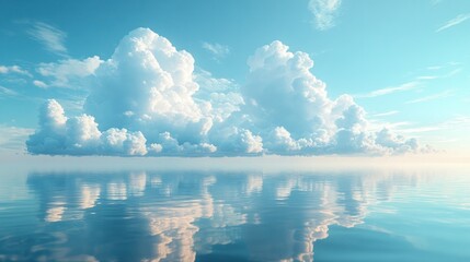 Calm ocean mirroring a serene sky with puffy clouds