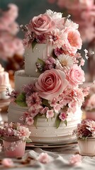 Elegant Three-Tiered Celebration Cake Decorated with Pink Roses, Blossoms, and Delicate Floral Arrangements for Special Occasions.