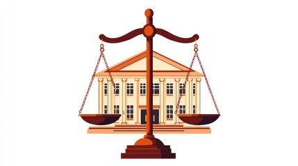 A classic-style courthouse is depicted centrally behind a set of scales of justice, suggesting themes of legal fairness and impartiality within a traditional judicial setting