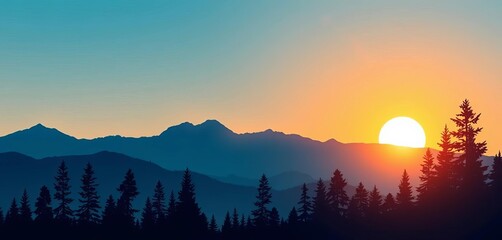 Layered vector illustration of a silhouetted mountain range, pine trees, and a glowing sun; soft blue tones,  wilderness,  outdoors