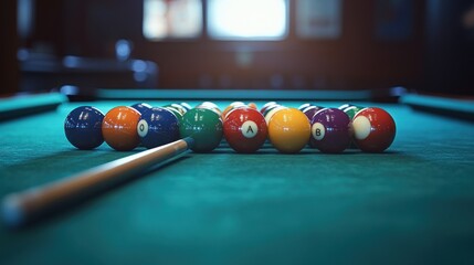 Billiards balls ready for game in a dimly lit pool hall