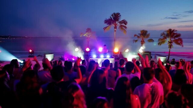 A DJ playing music at a party at the beach with ocean water, palm trees and people dancing
