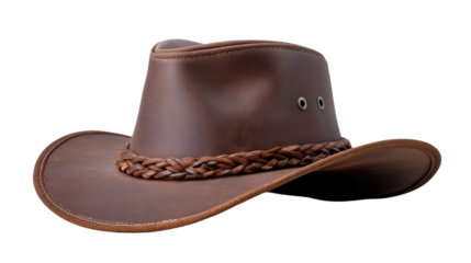 Timeless Leather Cowboy Hat: A classic leather cowboy hat, capturing its rugged charm and versatile appeal, an embodiment of the adventurous spirit.