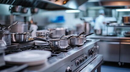 Stainless steel commercial kitchen equipment and utensils.