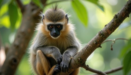 Fototapeta premium Young monkey sitting on tree branch in lush