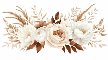 Elegant bouquet of cream and peach flowers with neutral grasses.