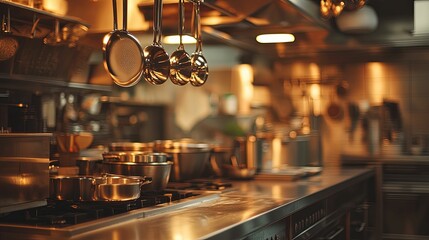 Professional kitchen equipment hanging and on stainless steel countertops.