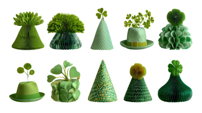 St. Patrick's Day Festivities: A vibrant collection of handmade green festive party hats and decorations. These decorations feature a spectrum of shades and design elements.