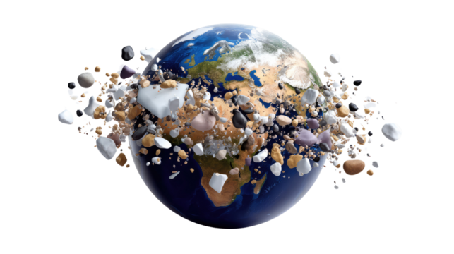 World fragmentation: A globe, seemingly shattered into countless fragments, floats in the vast expanse. Symbolic of environmental issues.
