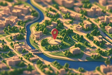 Fototapeta premium City map with marker, parks, and river