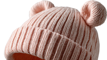 Pink Knitted Beanie with Ear Flaps: A soft, pale pink knitted beanie hat with adorable ear flaps, perfect for keeping little ones warm and cozy during colder months.  