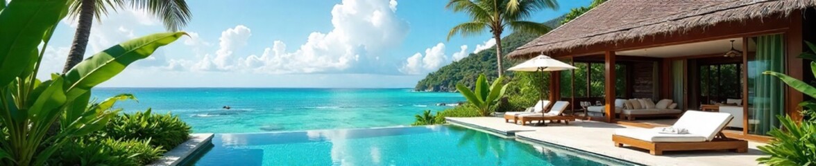 Fototapeta premium Luxury villa with private pool, stunning ocean views, spacious interiors, and lush tropical gardens Perfect for a relaxing getaway , coastal, vacation rental, landscaping