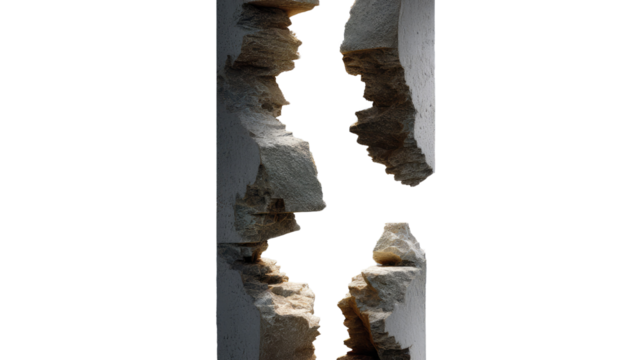 Cracked Concrete Column: Abstract art of a broken concrete pillar against a white background.  The texture and the break show the fragility and strength of structure.