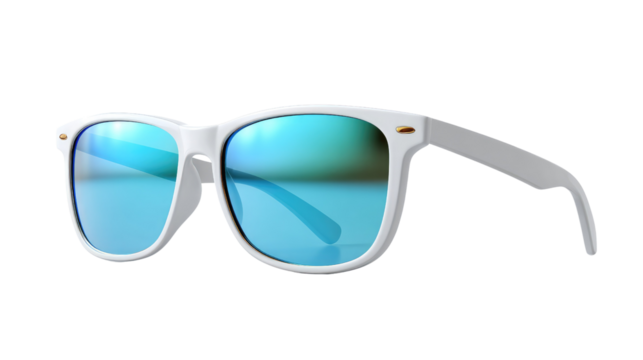 Sunglasses Reflection of the blue sky: A close-up shot of contemporary white sunglasses displaying the blue reflection of the sky, portraying a sense of summer. 