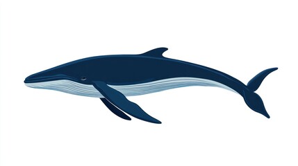 Fototapeta premium A stylized illustration of a dark blue whale, viewed in profile, swimming horizontally against a white background; it has a sleek body, visible pectoral fins, and a fluked tail