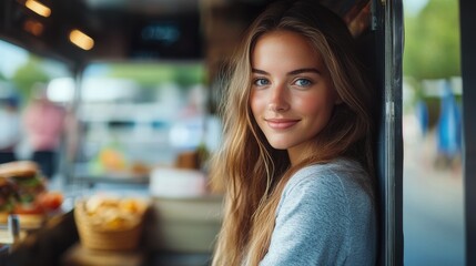 European woman business owner. Chef working in Burger Food Truck, looking at camera. Startup successful small business owner. Small and Medium Enterprises concept. Generative AI