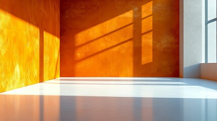 Empty sunlit room with orange walls and white floor.