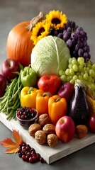 Fresh Harvest Display: A Vibrant Array of Fruits, Vegetables, Nuts, and Flowers on a Rustic Wooden Surface.