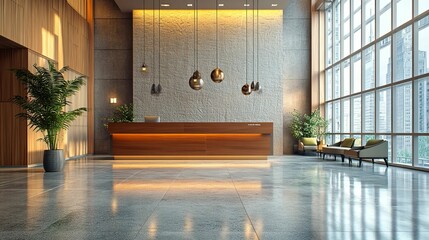 Modern hotel lobby with polished concrete flooring and warm lighting.