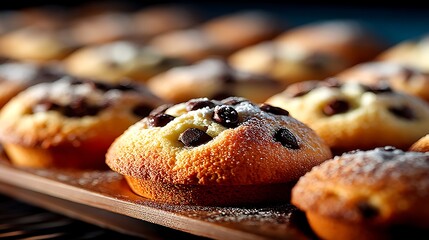 Freshly Baked Golden Brown Muffins with Chocolate Chips and a Dusting of Powdered Sugar, Delicious Treats Ready to Enjoy.