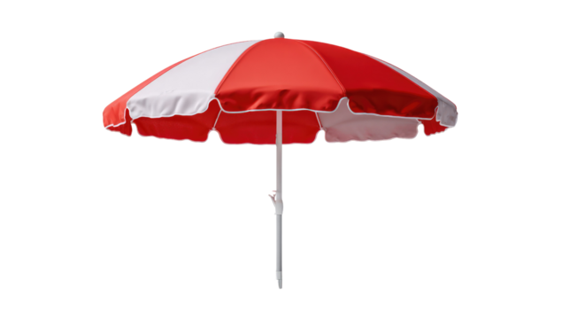 Summer Shade: A vibrant red and white striped beach umbrella, providing refreshing respite from the sun's warmth, a perfect emblem of summer leisure and relaxation.