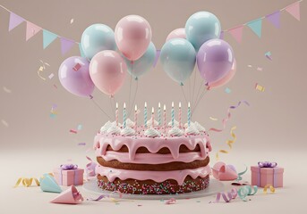 Birthday Cake with Pink Icing and Balloons for Pastel Party Celebration