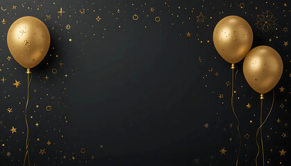 Minimal dark theme with gold line art balloons and celebration icons
