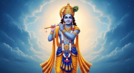Fototapeta premium Lord Krishna 16:9 Desktop Wallpaper Background | HD Krishna Playing Flute | Krishna 4K Laptop Wallpaper | Spiritual Hindu God Krishna Wallpaper