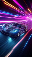 High-speed neon racing car streaks through a vibrant tunnel.