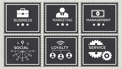 Business Strategy Icons Marketing, Management, Social Media, Loyalty, and Service