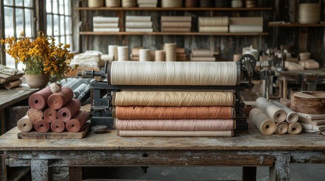 Rolls of thread and workshop materials on a wooden surface