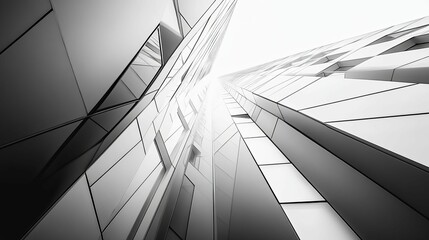 Modern architectural facade, viewed from below.