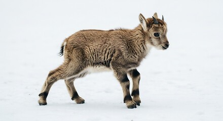 雪景色を歩く子山羊 愛らしい姿 柔らかな光. AI Generated