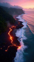 Fototapeta premium Aerial View: Volcanic Lava Flow Meets Ocean Waves at Sunset, Ideal for travel, nature, and environmental design projects.