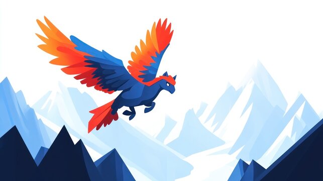 A vibrant, stylized hippogriff soars over a majestic, snow-capped mountain range.