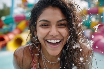 Smiling woman enjoying water park on a bright summer day. Concept of happiness, freedom, and holiday leisure