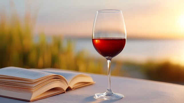 Glass of Red Wine Next to Open Book at Sunset on a Tranquil Beach
