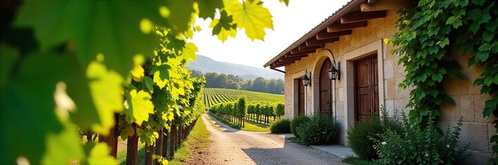 Lush green vines drape over a rustic winery building, sunlight dappling through the leaves A tranquil vineyard scene perfect for wine tasting imagery or branding , serene, image, scenic