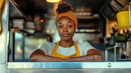 Black woman business owner. Chef working in Burger Food Truck, looking at camera. Startup successful small business owner. Small and Medium Enterprises concept. 