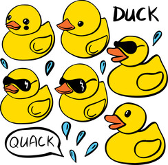 rubber duck doodle summer vector color set