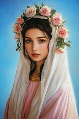 Holy Mary in lace veil and golden halo, photorealistic portrait
