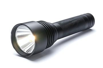 A close up of a black flashlight with a bright light shining on a white surface in a studio setting