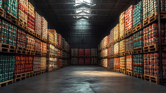 A warehouse with rows of pallets stacked high with canned goods. - Powered by Adobe