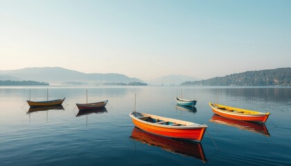 Naklejka premium Serene Waters Colorful Boats at Rest on a Calm Lake at Dawn