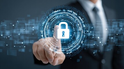 Businessman touching digital padlock icon representing cybersecurity and data protection technology