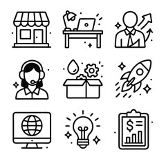 Small business icon set features 9 icons  growth, innovation, finance. Perfect for business websites, presentations, and marketing materials.